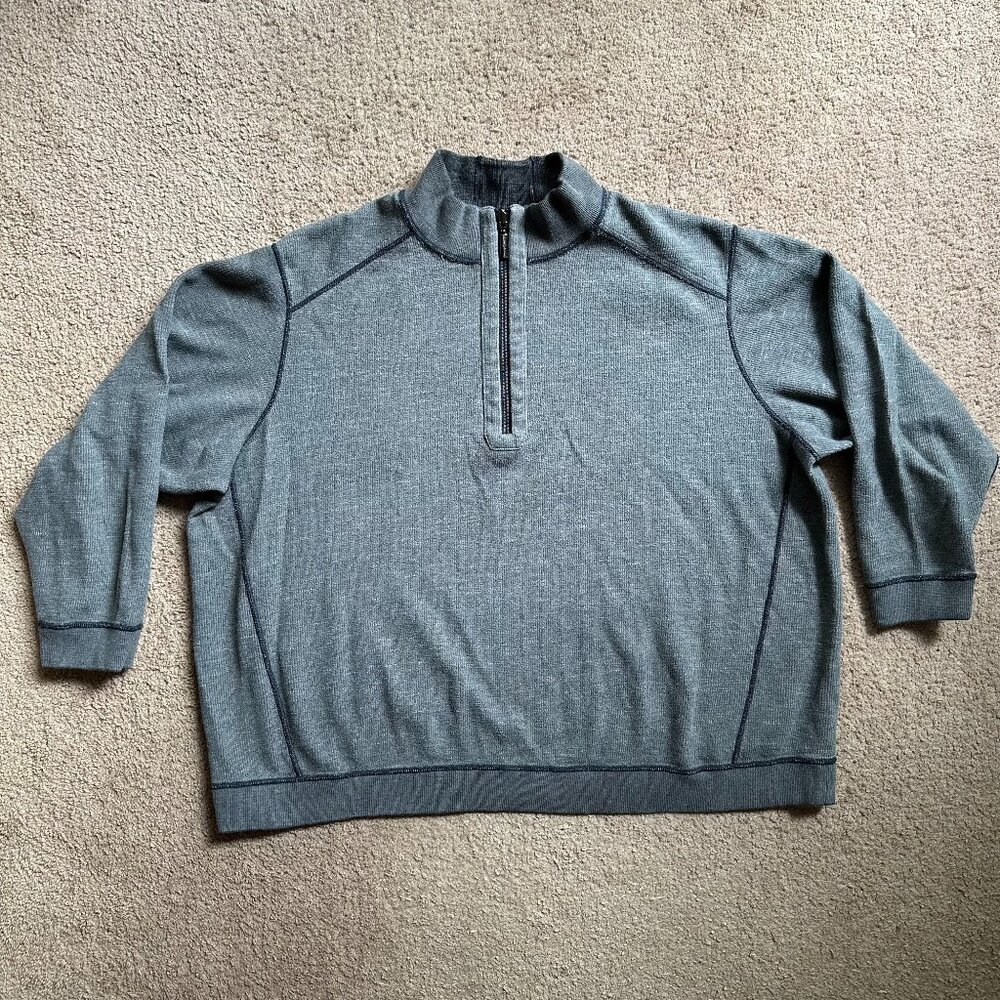 Tommy Bahama Sweater Mens 3XL Reversible Grey Mock Neck Long Sleeve 1/4 Zip